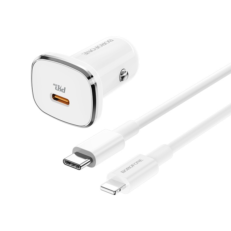 Зарядка авто BOROFONE BZ12B, (блокType-C+кабель 8 pin – Type-C), 3000mA, Белый