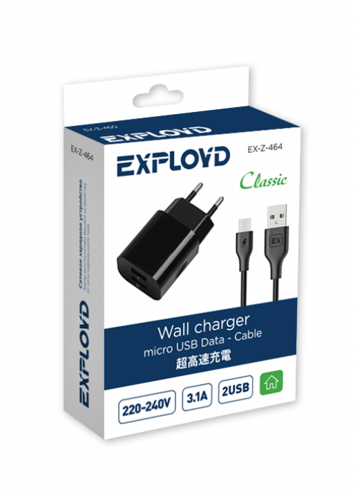 Блок питания сетевой 2 USB Exployd EX-Z-464, Classic, 3100mA, кабель микро USB, цвет: чёрный