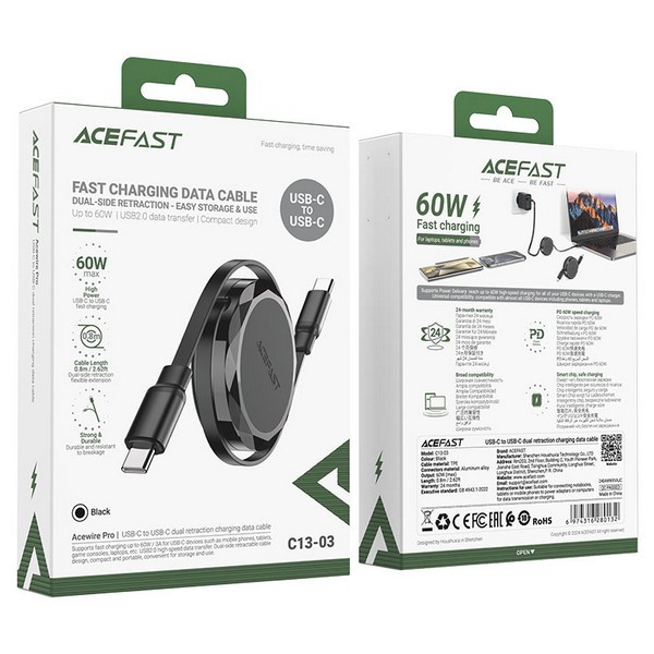 Кабель Type-C – Type-C Acefast С13-03 (3A, 60W, PD, 0.8 м, двойное втягивание) Черный