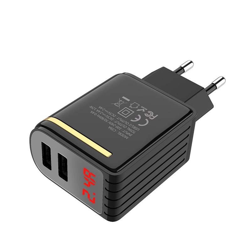 Сетевое зарядное устройство HOCO C40A 2USB-A + блок с LCD + кабель USB Micro USB 2400mAh Black