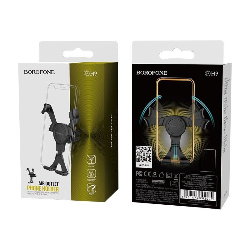 Держатель авто Borofone, BH9, Gravity, пластик, воздуховод, шарнир, Black