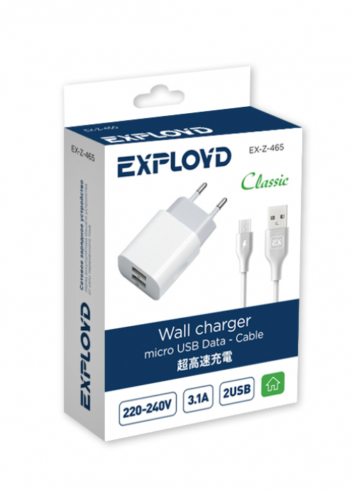 Блок питания сетевой 2 USB Exployd EX-Z-465, Classic, 3100mA, кабель микро USB, цвет: белый