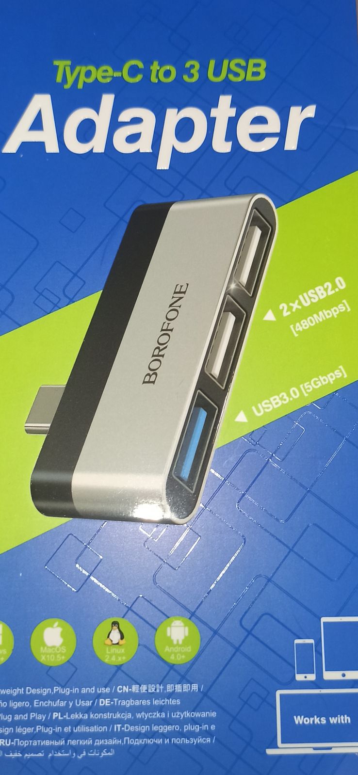 USB HUB Type-C 3USB 3.0 Borofone DH1 (Silver Black)