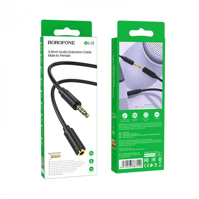 Кабель AUX, Jack 3,5mm(f) – Jack 3,5mm(m) Borofone BL12, 2.0м, (удлинитель aux) : чёрный
