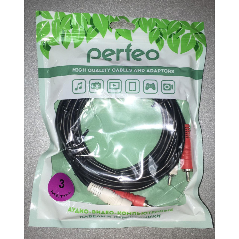 Кабель 2xRCA – 2xRCA Perfeo R3004, 3.0м, круглый, резина, цвет: чёрный