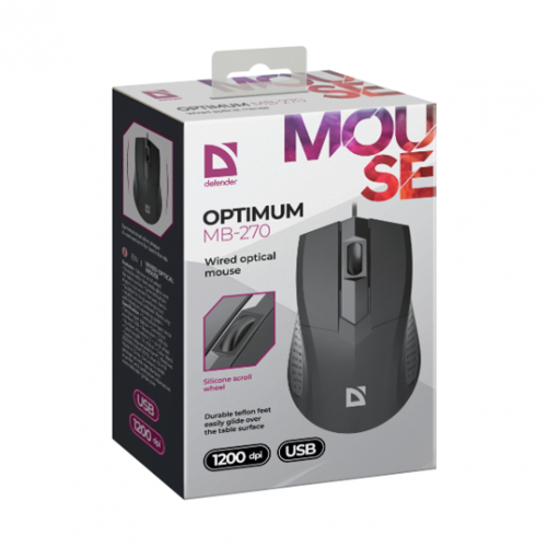Мышь проводная Defender, MB-270 PRO, Optimum, 1200 DPI, оптическая, цвет: чёрный