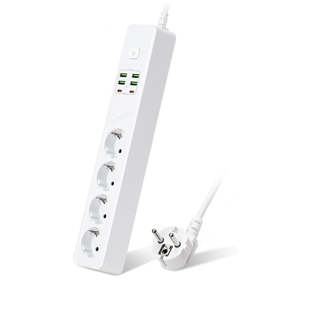 Удлинитель электрический Power Socket BKL-03-3, 2.0м, 4 розетки, 2 Type-C, 4 USB, 3.1A, выключатель