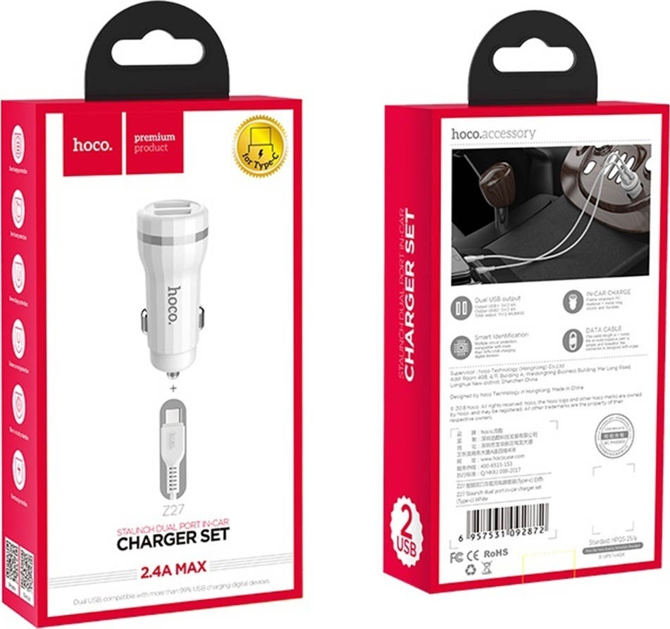 Зарядка авто HOCO Z27 ( блок 2 порта + кабель MicroUSB) 2.4A Белый