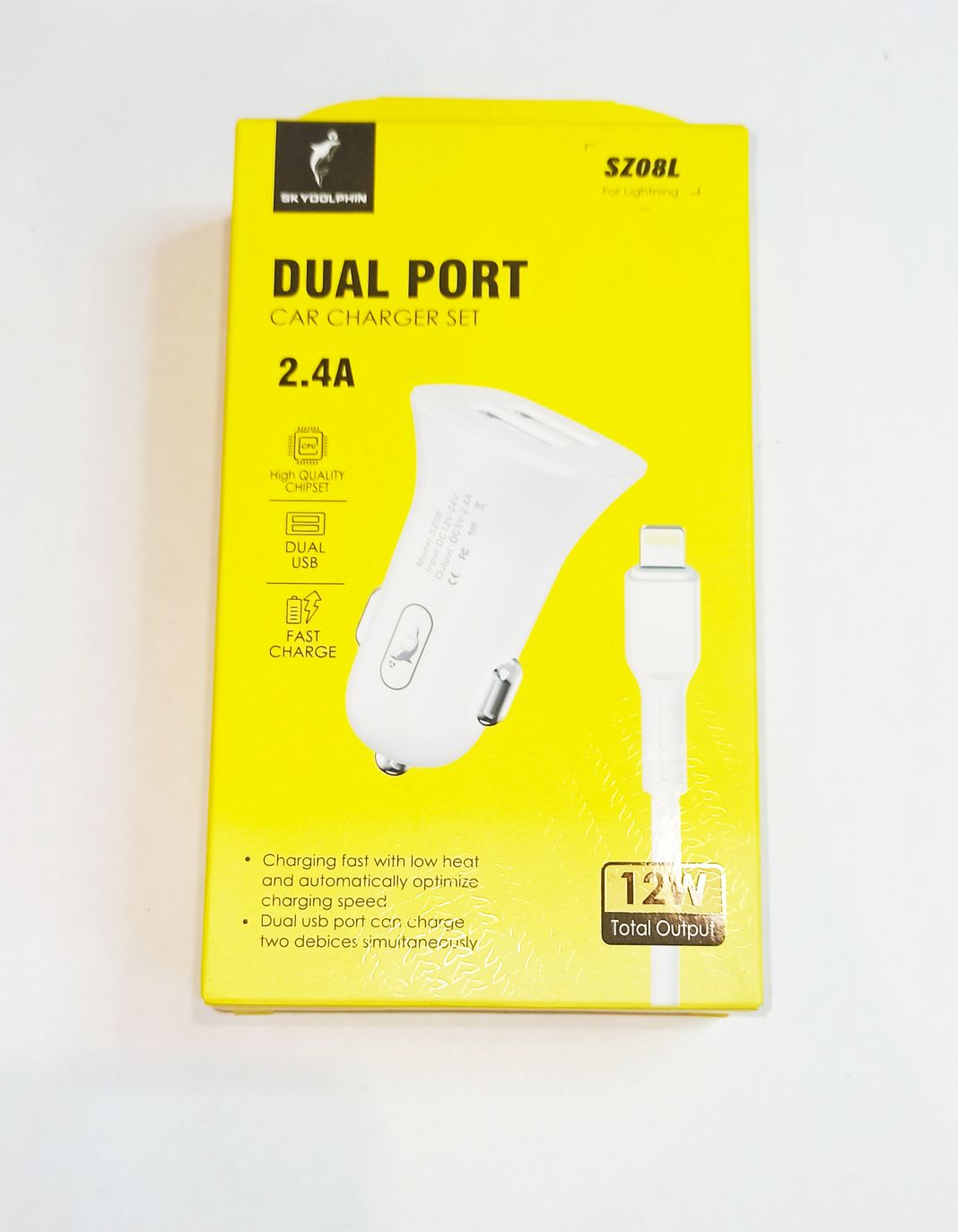 Зарядка авто SKYDOLPHIN SZ08L  ( блок 2 порта + кабель кабель Lightning 8 pin ) 2.4A Белый