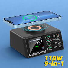 Зарядная станция X9M (110W, 4USB-QC0.3/4Type-C-PD, беспроводная зарядка 15W, дисплей)