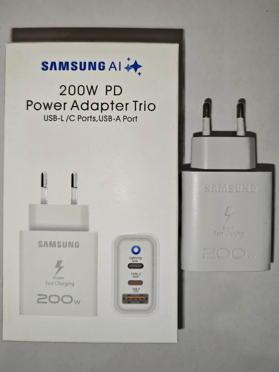 Блок для Samsung 200W PD Trio (Lightning + Type-C + USB) Белый EP-S9260NB Быстрая зарядка