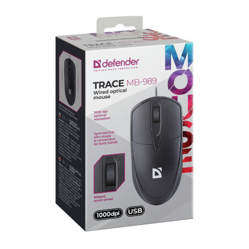 Мышь проводная Defender, MB-989, Trace, 1000 DPI, оптическая, цвет: чёрный,
