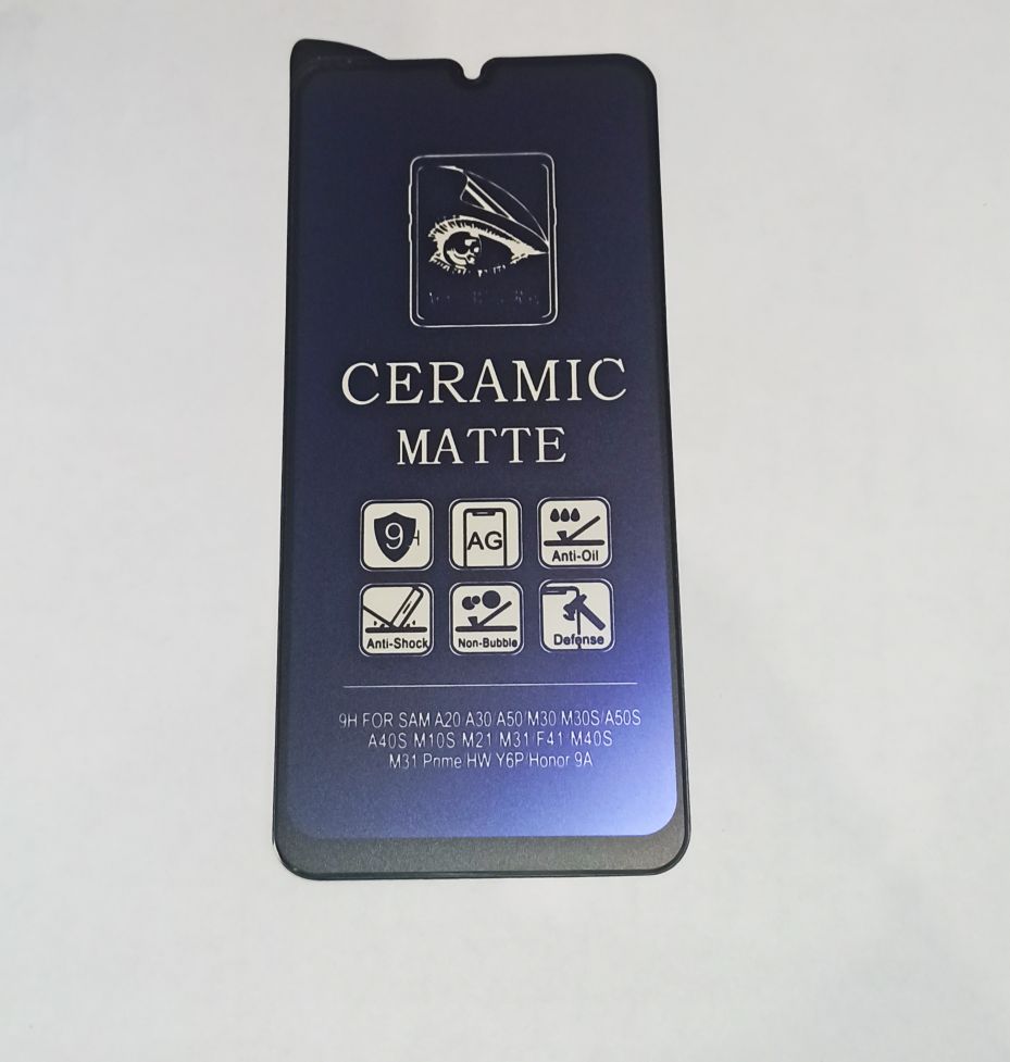 Защитное стекло керамика “Полное покрытие” Samsung A20/30/40S/50/50s/M10s/21/30/30s/40S/31/31 prime/F41 /Y6p/Honor 9a матовый,черный