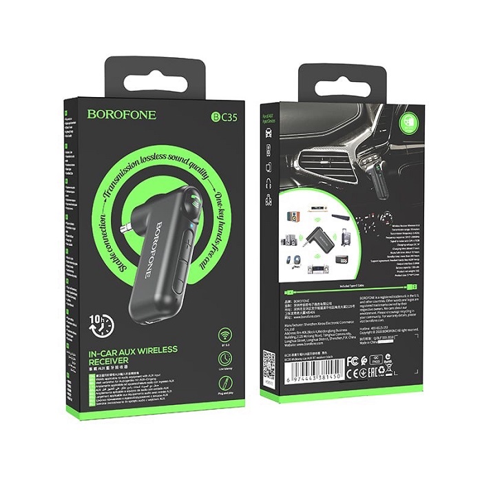 Автомобильный Bluetooth-приемник( ресивер) AUX-адаптер Borofone, BC35, микрофон,Чёрный