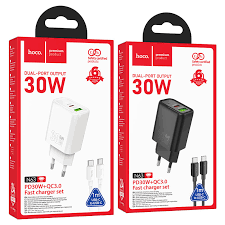 Сетевое зарядное устройство USB/Type-C Hoco N63 (30W, QC3.0, PD, кабель Type-C-Type-C, GaN) Черный