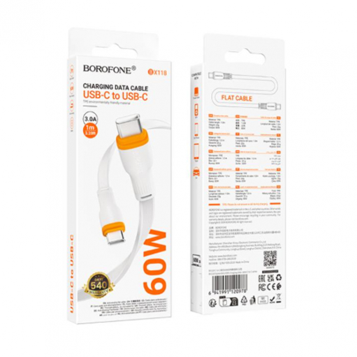 Кабель Type-C – Type-C Borofone BX118 Esplendido, 1.0м, 3.0A, 60Вт, цвет: белый