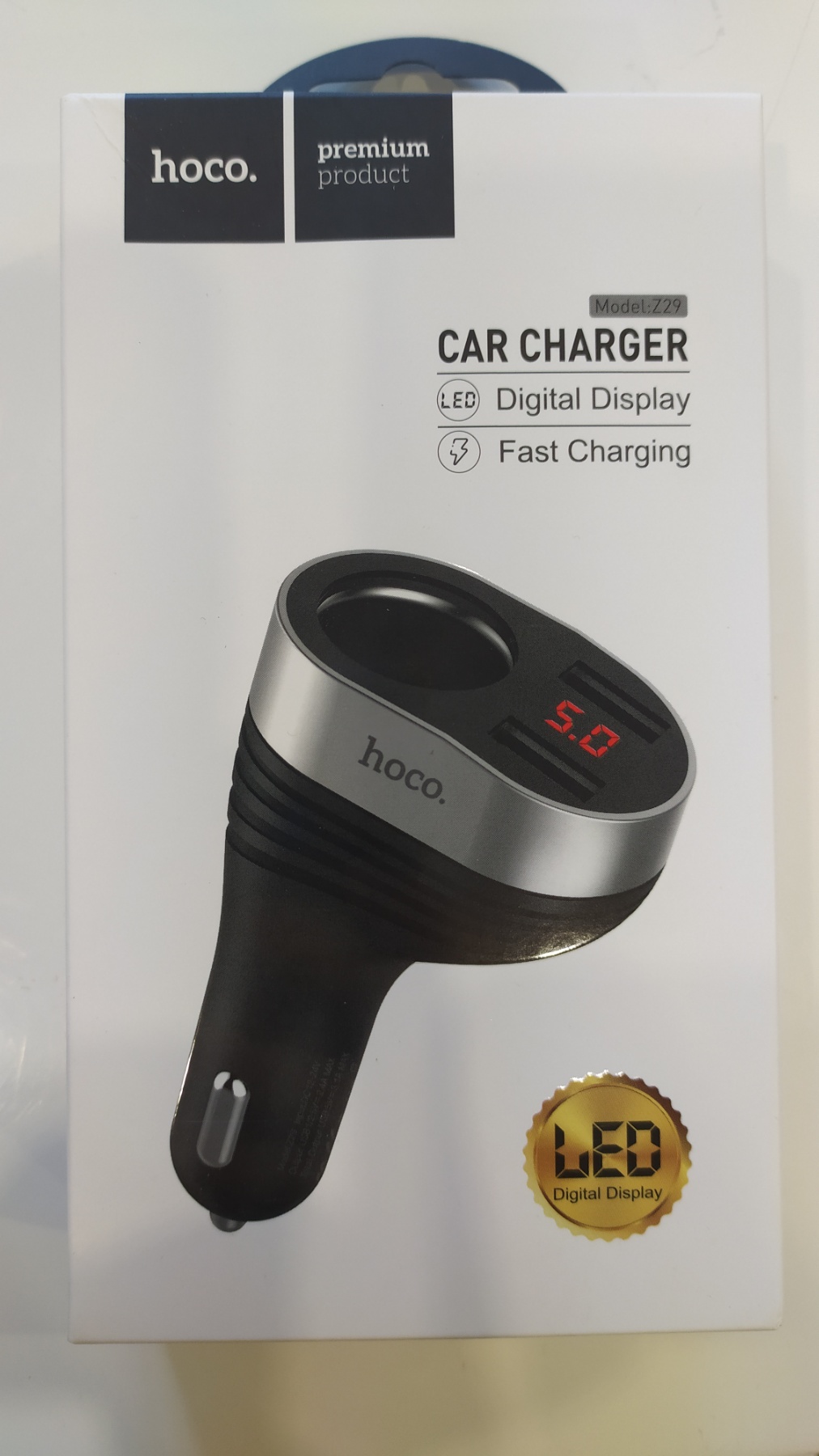 Блок питания автомобильный HOCO Z29 (2 порта+12В розетка, с дисплеем) Black