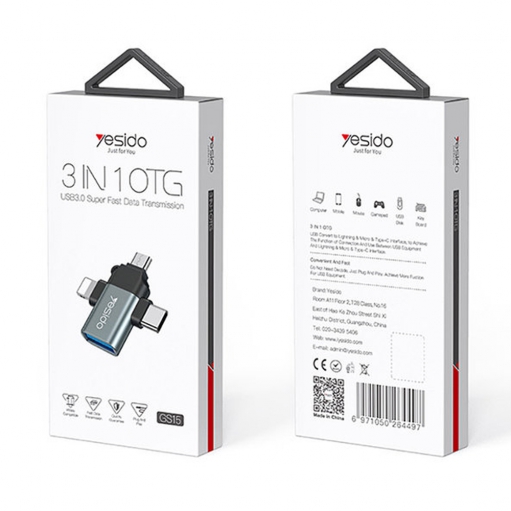 Переходник OTG USB 3.0 – 8 pin, Type-C, микро USB Yesido GS15, цвет: чёрный