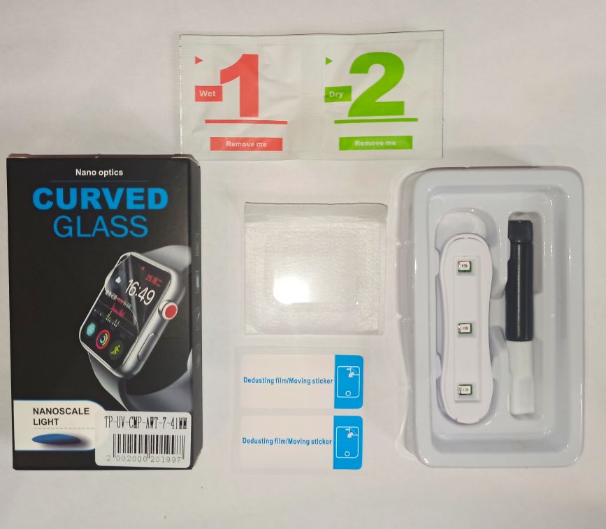 Защитное стекло “UV комплект” для Apple Watch 7 (41 мм) (клей, лампа,стикеры,салфетки) NEW
