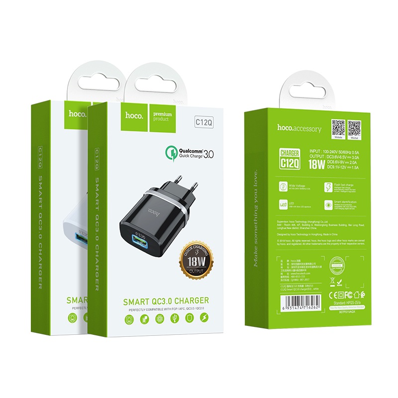 Блок питания сетевой HOCO C12Q 1USB 3.0A QC3.0 быстрая зарядка